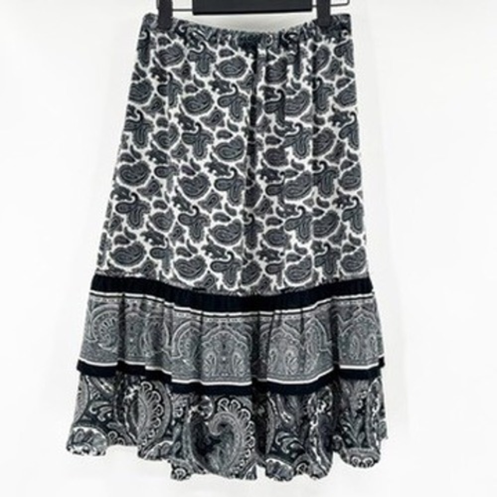 Michael Kors Navy White Paisley Tiered Ruffle Midi Skirt Elastic Waist Small - Picture 2 of 5